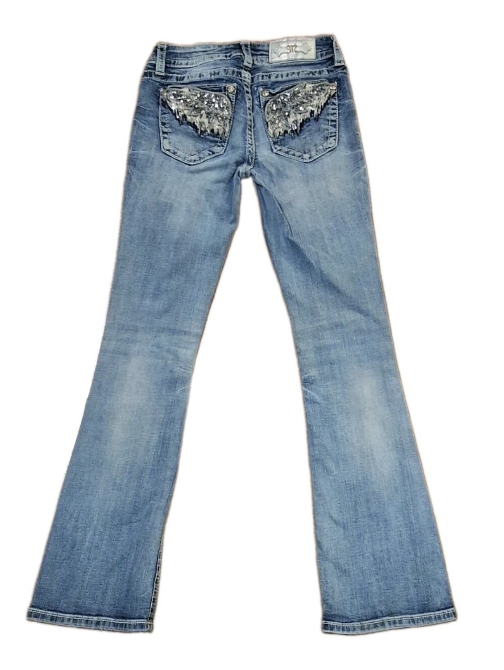 Miss Me Boot Cut Low-rise Jeans 26" Waist Angel Wings Embellished Pocket Cowgirl